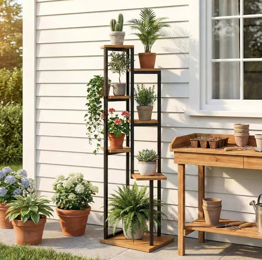 7-Tier Steel and Wood Plant Stand | 130 cm High Plant Shelf | Indoor & Outdoor Staircase Shelf | Regine's Garden Market