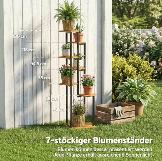 7-Tier Steel and Wood Plant Stand | 130 cm High Plant Shelf | Indoor & Outdoor Staircase Shelf | Regine's Garden Market