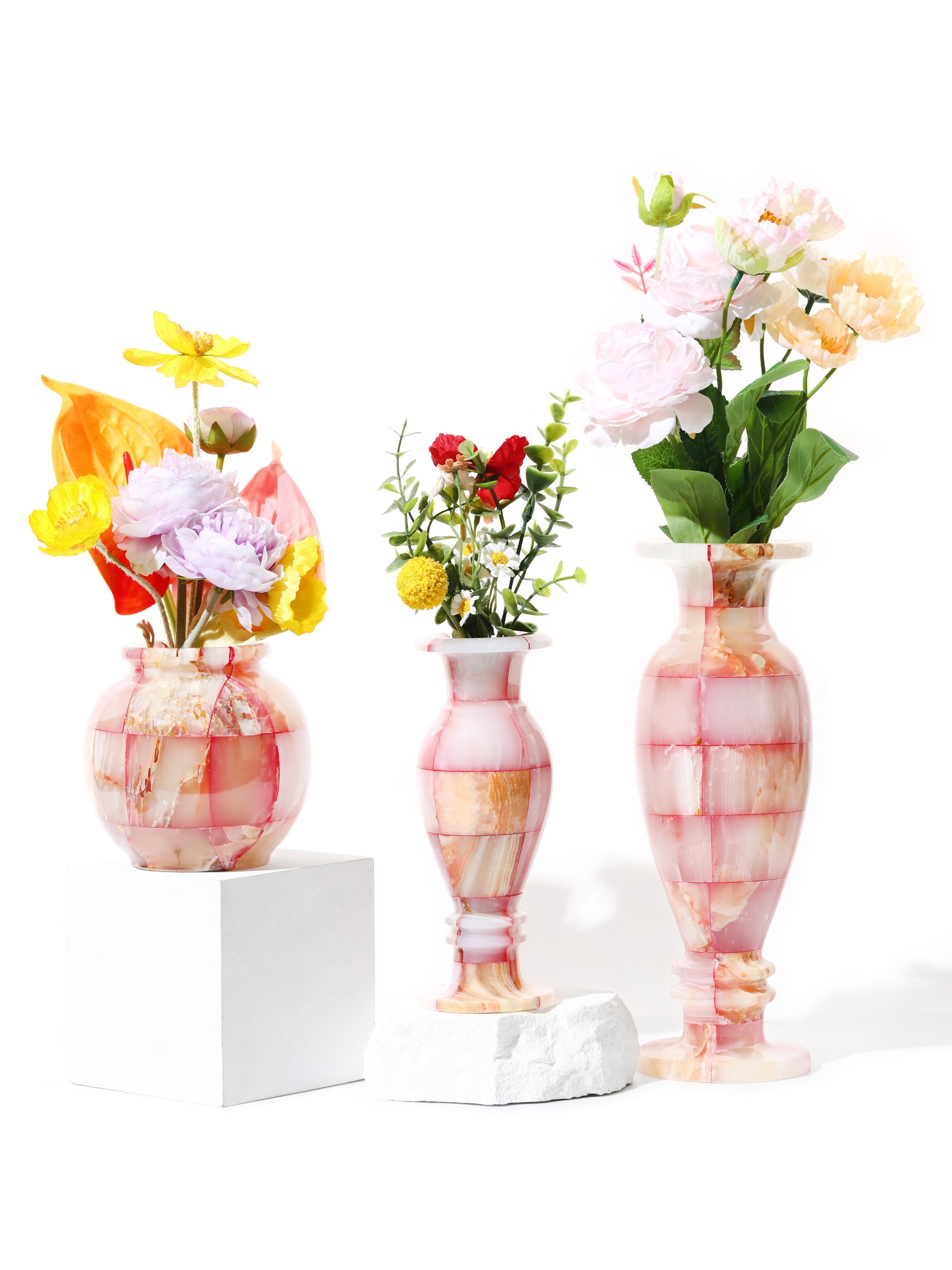Rosy Dawn Jade Mosaic Vases, Set of 3